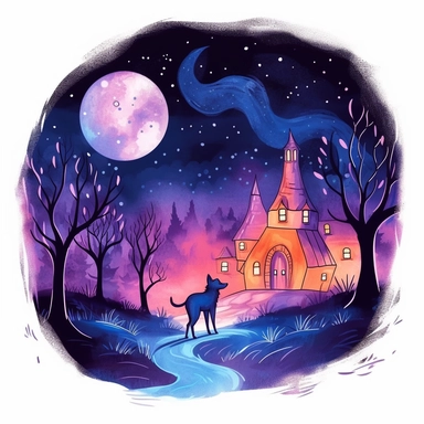 Create One clipart inspired by night dog walking alone: The clipart exudes a cozy ambiance, with a sense of warmth and tranquility. It invites viewers to imagine themselves wandering through this magical nature, discovering its secrets and encountering fantastical creatures.cozzy watercolor style. in 4K. so it can be used in fantasy books. beautifull coloring
