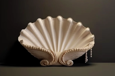 shell bed with pearl decoration, on a black background, like clipart style, mysterious, luxurious, 4k , octane render, unreal engine,