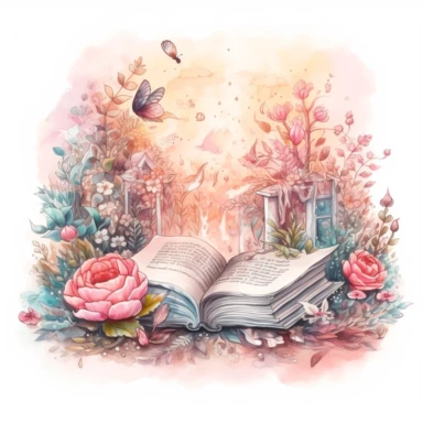 fantasy scene coming out of an open book, secret garden, florals, magical, watercolors, Clipart, pastel pink color theme