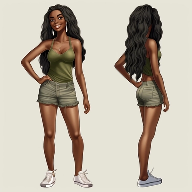 beautiful black teenage girl with beautiful long hair to her waist, dressed casually. Full perspective and, long shot A young black woman with full lips and a big beautiful smile, dressed in khaki shorts and a tank top, has long hair and beautiful shapely legs, wearing heels, clipart in the style of digital airbrushing, feminine sticker art, dollcore, realistic face, realistic body, glamorous,