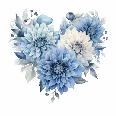 a heart shape made with soft blue and pastel blue Dahlia flowers, wet on dry watercolour style, dark gothic antique look, clipart, white background