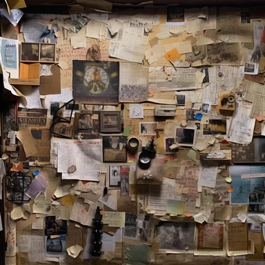 color photo of an Investigation Board full of old and new pictures and notes, close-up of one corner, unorganized, chaotic, messy, cluttered, overwhelming, textured, intricate, complex, detailed, with torn edges, faded colors, scribbles, post-its, lines, arrows, dates, labels, names, faces, maps, charts, graphs, and newspaper clippings — night, dimly lit, with a single lamp casting shadows and highlights on the board — camera settings: Canon EOS 5D Mark IV, Kodak Portra 800 35mm film, Canon EF 5