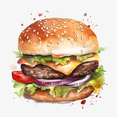 High Detail clipart of a Hamburger, no lines, no outlines, clipart, featured on dribble, american Dinner clipart, minimalist, computer vector graphic design clip art, watercolor illustration clipart, watercolour clipart, watercolor illlustration for Recipe Books, book illustration, print on demand image, PNG tranparent background