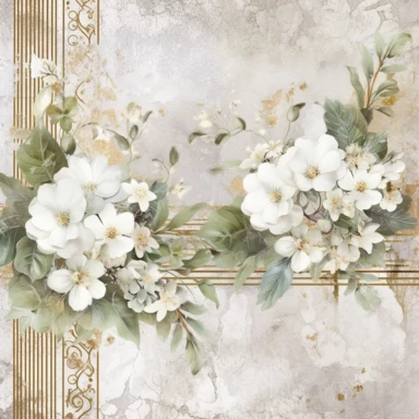 scrapbook paper template, intricate three small bouquets of white floral watercolor clipart on the borders on paper, luxurious textures, nature-inspired pieces, very high resolution