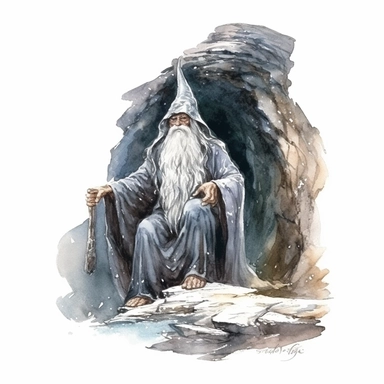 watercolor realistic detailed magic wizard in thee cave clipart, white background, no text