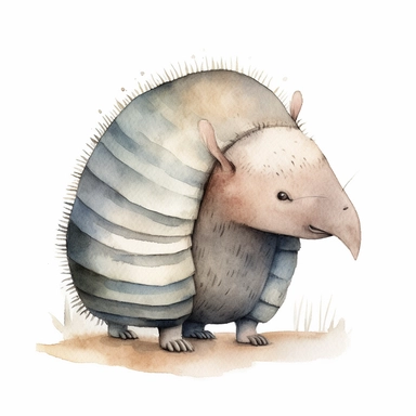 Watercolor cute Giant Armadillo clipart, happy, gentle smile, beautiful watercolor ink wash coloring, thick pencil lines, Jon klassen, Adrian tomine, popular on etsy, watercolor illustrations clipart, watercolor illlustrations for kids and children, book illustrations, plain white background
