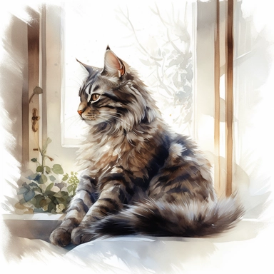 high level watercolor, hyper realistic, white background with margins, 8k, ultra detailed clipart, large, a fluffy cat with an enchanted collar, napping in a cozy window seat, cool, dark colors