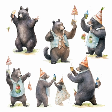 multiple poses characters of Black Bear enjoy with party in the garden, watercolor in medieval cartoon grunge style clipart on white background