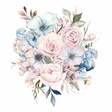 minimalistic and filigree watercolor clipart of a beautiful Dreamy soft pink and light blue flower arrangement for wedding cards, white background, seperated
