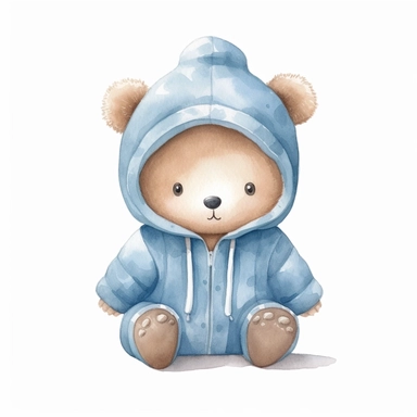 a cute adorable toy teddy baby bear boy, with a happy smile, in a sitting pose, wearing a light blue dotty hooded sweater, kawaii simple watercolor clipart, white background