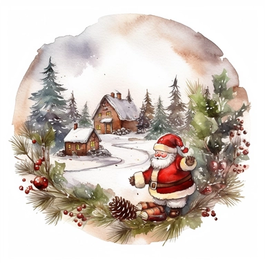 vintage design, advent wreath around, christmas theme watercolor santa claus with a big sack filled with gifts Clipart Collection in beautiful winter landscape, advent wreath around, christmas theme, detailed, isolated, white background, one pattern