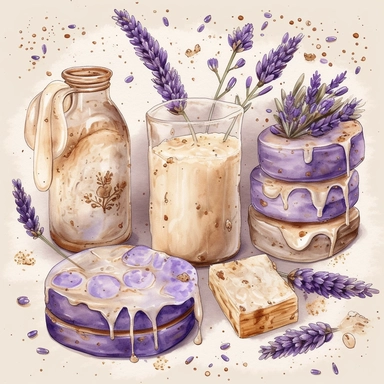 beige candels, handmade soap with lavender items acrylic Clipart Collection, cute objects isolated on white background, high quality intricate detailed illustrations, in style of acrylic painting, delicate pencil texture, dotted texture, intense vivid colors, panasonic lumix s pro 50mm f/ 1. 4, rough clusters, strong use of contrast