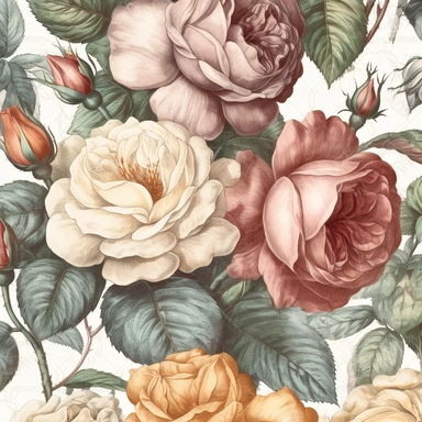 A captivating wallpaper pattern showcasing a garden of antique roses, with their soft hues and elegant petals creating a romantic and timeless ambiance. Antique-style clipart in HD on a white background.