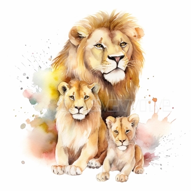 family, baby, lion and lioness,Watercolor Clipart high quality, white background , lion and lioness, cute, love