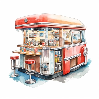 A classic American roadside diner with chrome accents, vinyl booth seating, and a jukebox playing classic hits, clipart, watercolor, white background, american style