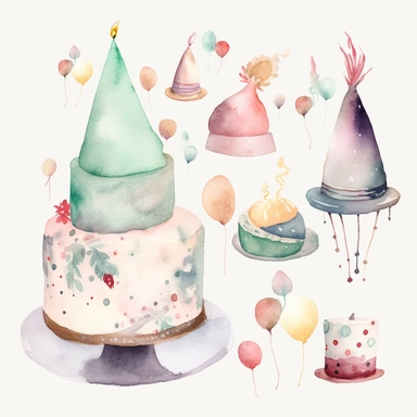 clipart, clip art, doodles, drawings, birthday, birthday cake, birthday hat, birthday decorations, hand painted, watercolor, soft colors, nursery, white background, simple style, high definition, 8k