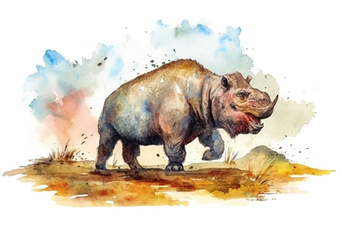 Watercolor, Create an image of a fearsome Diprotodon foraging for food in the ancient Australian landscape clipart, hd, on a white background, spaced out