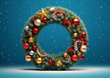 3d render, Christmas round spruce wreath decorated with festive ornaments: lights, red glass balls, golden stars, candy canes.3d render, Christmas round spruce wreath decorated with festive ornaments: lights, red glass balls, golden stars, candy canes. Holiday clip art isolated on blue background. Greeting card template. Nature light snow bokhe background.Hasselblad H6D 120mm lens f/16
