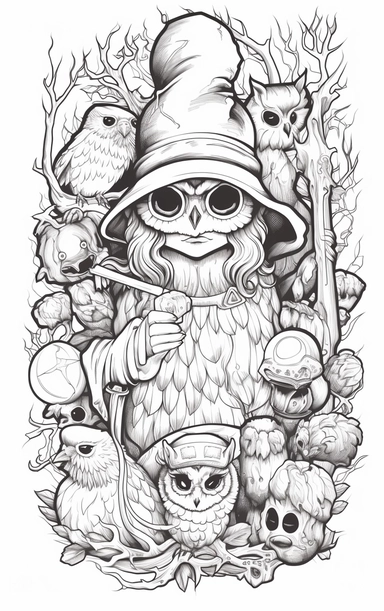 Coloring cartoon page for adult,witch clipart 6 witches, owl, in the style of reimagined by Dr. Seus, mystic mechanisms, illusory images, witchcore, lith printing ,clear and clean line art, white background
