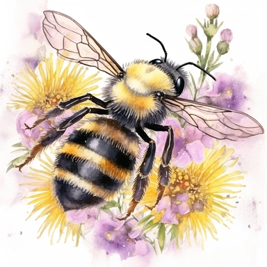 A charming watercolor honey bee clipart capturing the beauty of spring garden bees, delicate honey bee painted in warm tones of yellow and black, fuzzy body and translucent wings are depicted with intricate details, hovers near a cluster of blooming spring flowers, such as daisies, tulips, and lavender, which are painted in vibrant and harmonious colors, soft and dreamy atmosphere, each illustration focuses on the exquisite details of the honey bee, showcasing its unique beauty and importance in