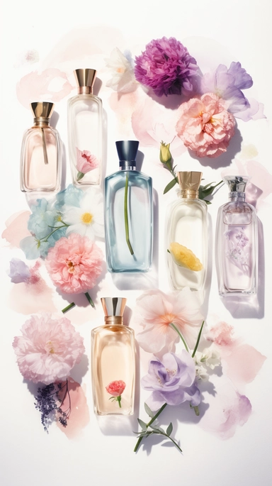 watercolor illustration. clipart. different shape of pastel perfume bottles with variation randomly placed on a white soft background. flowers. roots. sophisticated. made entirely out of different types of flowers and perfume bottles standing tall against a white background. The image is designed as a poster. perfect for printing and sharing with friends and family. knolling