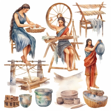 Watercolor well roman people weaving cloth , illustrations clipart set, simple, , cartoon elements, different variants , , marble elements, separate elements with a margin