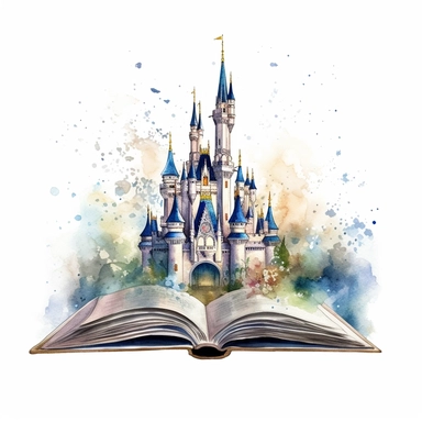 an open book with a magical disney style castle scene, watercolor clipart on white background