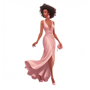 realistic illustration of a beautiful african american woman in 20's wearing long dress, high neckline, pink heels, long curly hair, no earrings, perfect make-up, full body visible, self-confident, clipart, isolated on white background, 4K