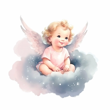 delightful watercolor image, full body cute newborn baby angel girl on white background, she is sitting on a cloud in pink dress and smiling gently. She has sparkling blue eyes twinkled with wonder and brown curls on her head, professional watercolor clip