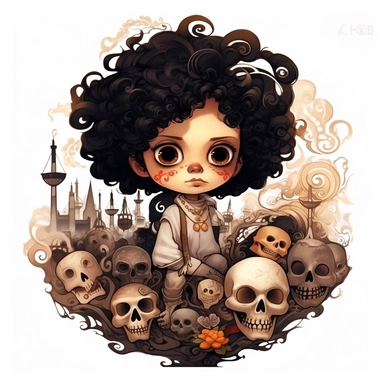a clipart, white background, kawaii, happy, in curly black hair brown boy dia de Muertos, Mexico city , Tim Burton Junji Ito day of the dead sugar skulls, moonlight, mist, fog, swirling smoke mexican folklore-inspired, muted earth tones, chicano-inspired