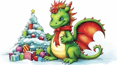 Cute funny avocado green dragon, christmas tree with toys, red cardigan, snow, winter, style by Lusy Fleming, folk art, watercolor, clipart elements, smooth gradients, black contour outline, ultra detailed, white background, super clear :
