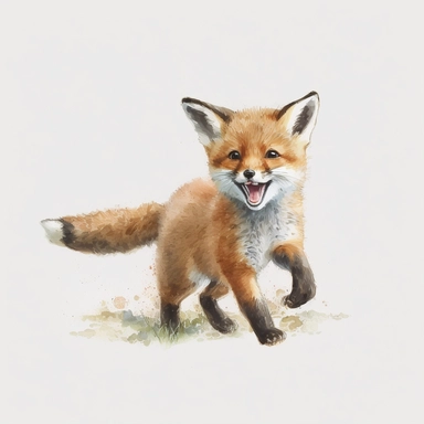 cute baby fox, watercolor clipart, realistic, childlike animal illustration, isolated on white background, Beatrix Potter, clean blended strokes, laughing, running