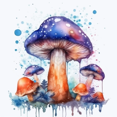 watercolor mystical magic mushrooms clipart with flowers berries, water drips on mushroom, magical illustration, in the style of realism with fantasy elements, drips and splatters, hyper-realistic water, light orange, blue and purple, uhd image, , mesmeri