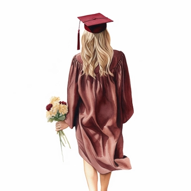 a watercolor illustration of a back view of a full body girl in a burgundy graduation cap and burgundy graduation gown, with brown hair with blonde highlights, holding flowers, clipart, isolated on a pure white background