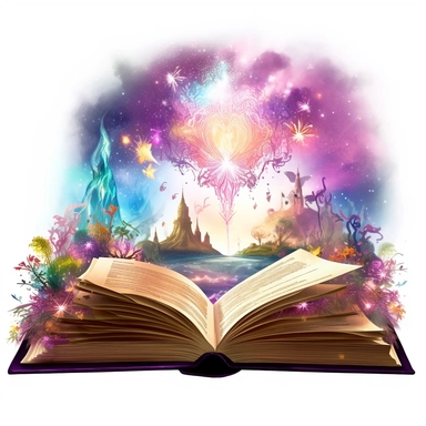 magic vintage Fantasy Open Book looking into another world Clipart, floral,Enchanted.Celestial Sky: Depict a celestial landscape with floating islands, shooting stars, and celestial beings. Imagine a breathtaking sky filled with colorful nebulae, sparkling constellations, and magical auroras. Incorporate vibrant colors and glowing elements to bring the scene to life, on white background ar