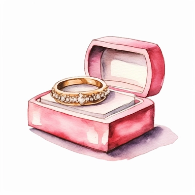 highly detailed and intricate watercolor boho wedding rings in a ring box clipart, pink and gold soft hues, white background