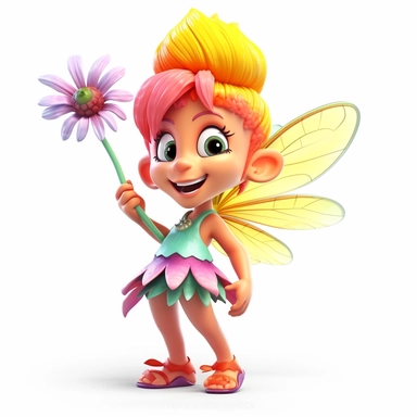 A 3D brightly colored cartoon character design of a tiny talking and laughing fairy with butterfly wings, wearing a flower dress, and a wand, with high detail, clipart, white background