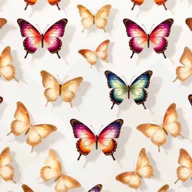 Seamless pattern, butterfly clipart, multi color with metallic gold overlays, Pixar style, vintage ivory background — tile