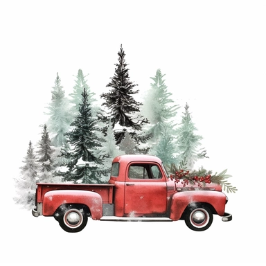 High resolution Let it snow, christmas tree in the back of a pickup, in the style of black and red, grid, contemporary diy, white background, mixed patterns, realistic, scrapbook, high resolution, , style by Lucy Fleming, watercolor, smooth gradients, black contour outline, ultra detailed, clipart elements, delicate pastel colors, solid white background, super clear, high quality