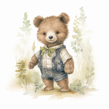neutral nursery art,little baby, brown bear,summer outfit,cute bear, Baby attire,intricate,disney, baby light green,baby light blue, baby light ocher,hairy, cotton, beautiful trees,enchanted Forest,realism, watercolor painting, spring enchanted Forest, solid background, white background, vintage outfit, oil painting, photobashing, tattoo design,clipart--v 5