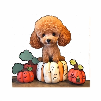 kawaii art clips, very cutesy and adorable red poodle dog smile, proud of stand top of acorn, white background, illustrator drawing, animated