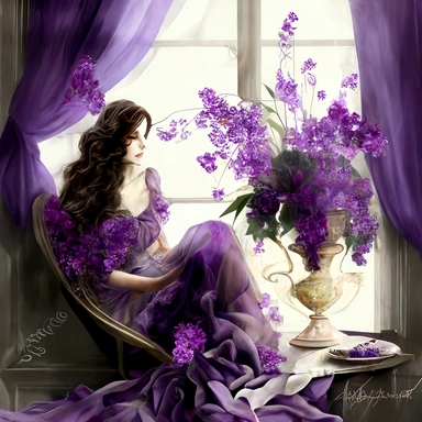 beautiful bouquet of purple flowers in large crystal glass vase, on a table in front of a large vintage window with flowing drapes, romantic, shabby chic, beautiful brunette lady, long hair, sitting in large winged upholstered chair reading, romantic, ethereal, clipart style, better defined face
