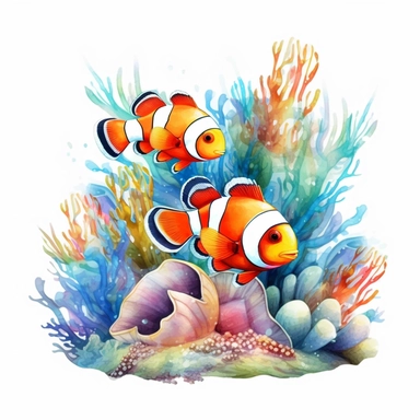 watercolor clown fish and sea anemones, shades of coral turquoise yellow and blue, glamorous, very detailed and realistic, white background with margins, clipart style