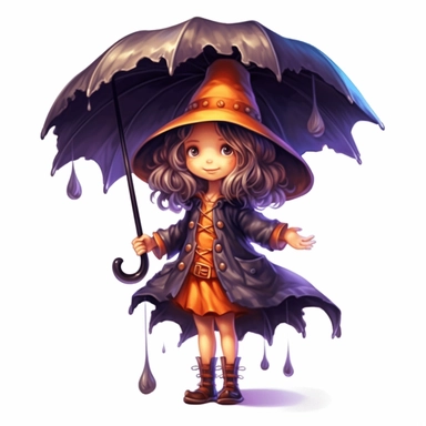 Cute Adorable magical little witch holds laterally a huge umbrella in his hand wears a raincape and stand in the rain on a country road, correct umbrella, clipart, high detail, 8k polished, 8k, vibrant colors, white background, sticker