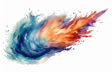 Watercolor, Design a comet with a tail that shimmers and flows like cosmic silk clipart, hd, on a white background, spaced out