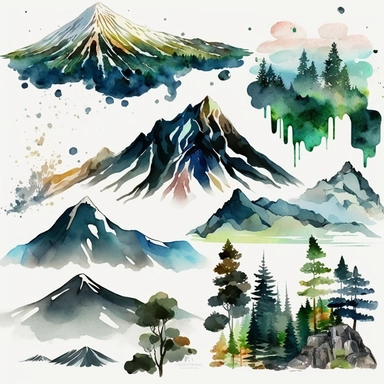 watercolor clipart Mountains High in Russia, Japan and Asia landscapes, digital illustration, 8k, hd 16:9 v5