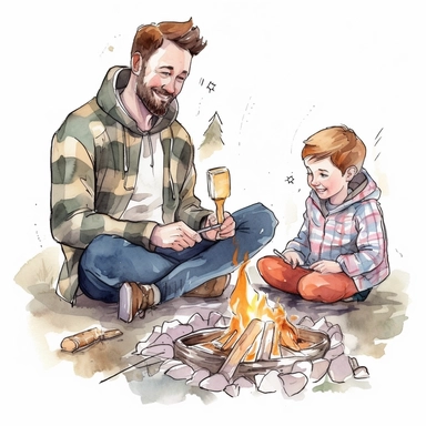 A father and son camping, sitting around a campfire and roasting marshmallows, Watercolor, Clipart, detailed, high resolution, transparent background PNG