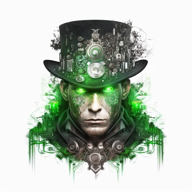 saint patrick day clipart A cyberpunk Leprechaun with glowing green eyes and metallic, cybernetic enhancements on a white background