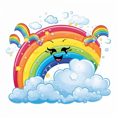 happy rainbow and cloud clipart ,style of the artwork, mood of the aartwork, vector, contour , white background, 8K quality, ultra detailed , without signature and without meaningless lines, clipart, white background, High Quality, no writting background, no writting, realistic , ultra detailed, no symbol, without logo and emblem