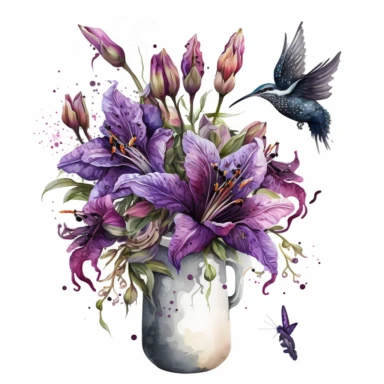 Watercolor realistic detailed purple tiger lily bouquet in stunning vase with hummingbird clipart, white background, no text